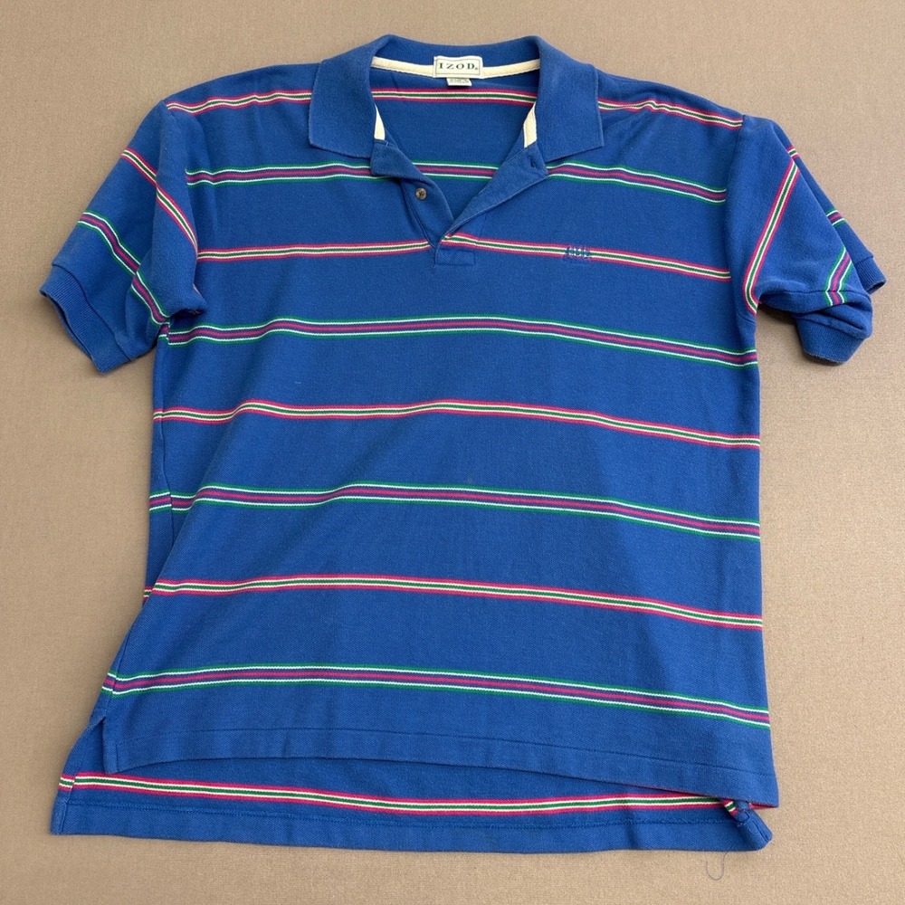 Izod Mens Large Blue Striped Cotton Pique Short Sleeve Polo Shirt 3042